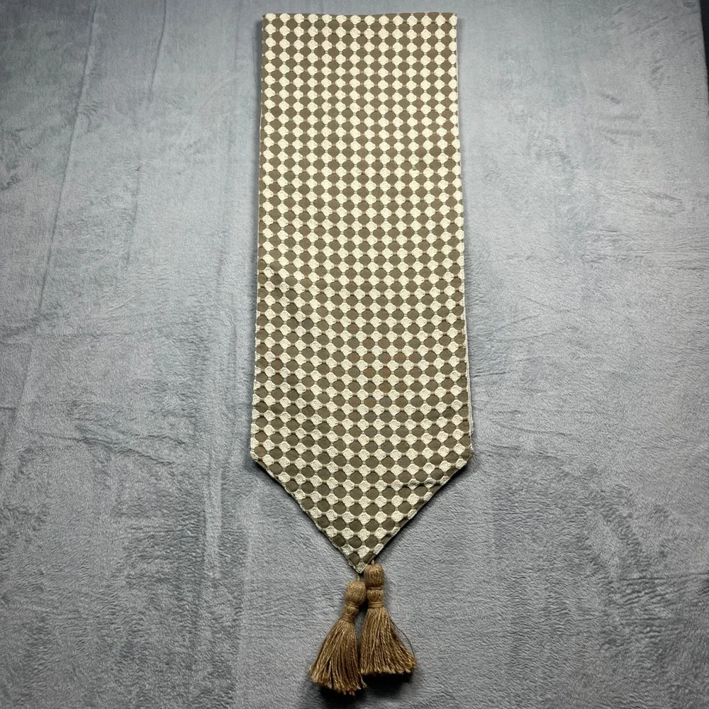 Boho Geometric Table Runner Textured Taupe Cream Jacquard Woven Tassels Scroll